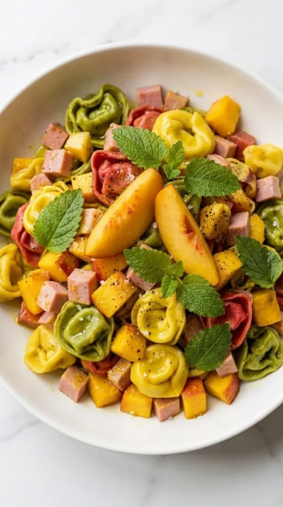 Nahaufnahme von Tortellini-Salat mit Curry — cremiges, gelbliches Curry-Dressing auf bunten Tortellini und Pfirsichen.