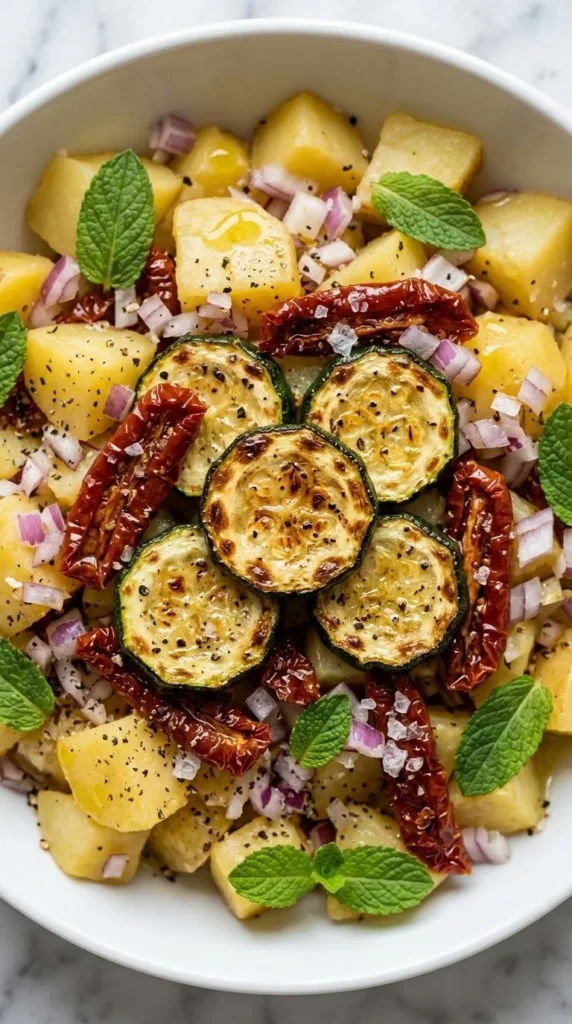 Nahaufnahme von warmer Zucchini-Kartoffelsalat — glänzender Sud aus Kräuteressig und Brühe auf weichen Kartoffelwürfeln.