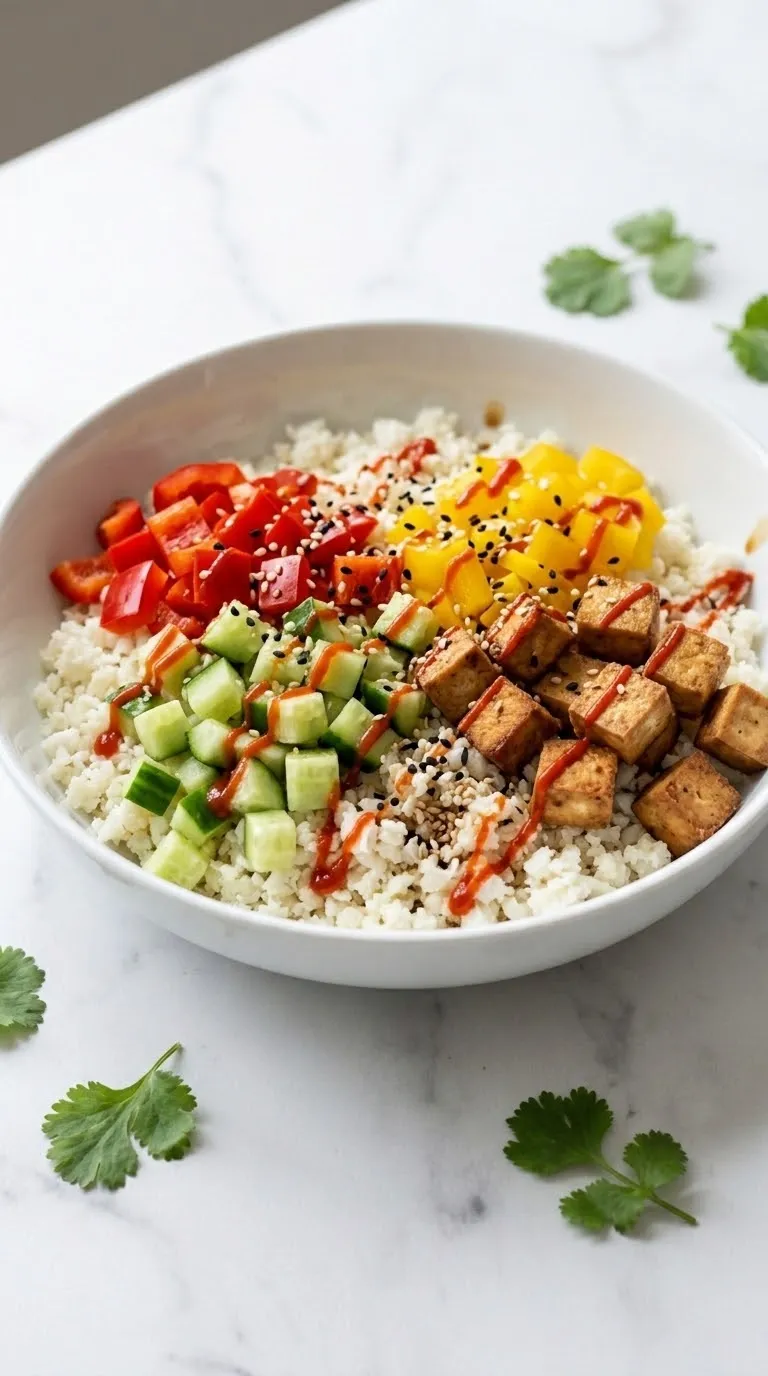 Low-Carb Sushi-Bowl kohlenhydratarm — Farbenfrohe Schüssel mit krossem Tofu, Gurken und gelber Paprika