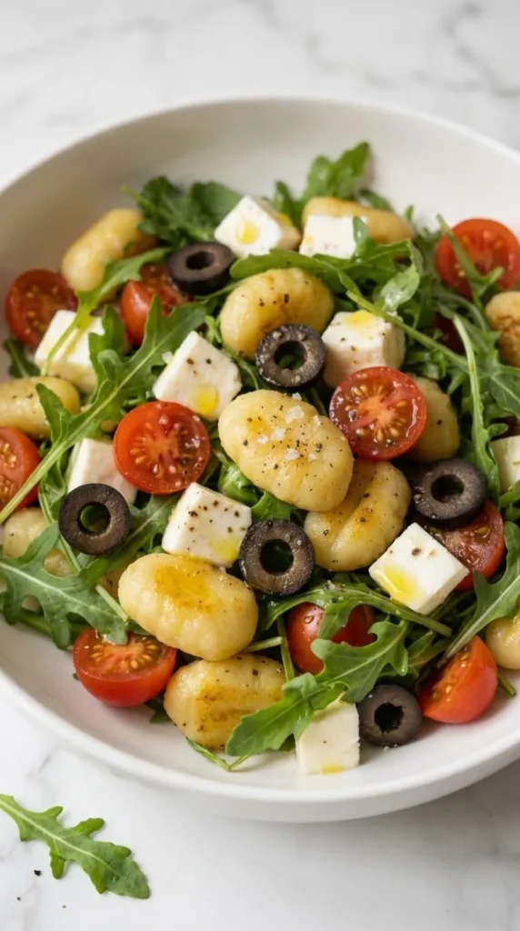Gnocchisalat mit Rucola serviert mit Keto-Knoblauchbrot — sommerliche Vorspeise elegant angerichtet.