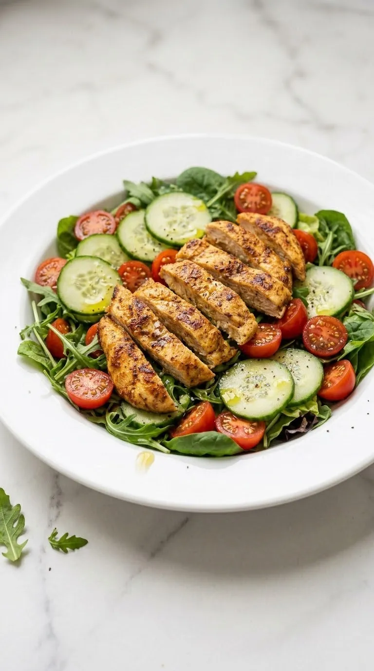 Salat mit Hähnchenbrust kohlenhydratarm — knackiger Blattsalat mit goldbraunen Hähnchenstreifen in weißer Schüssel.