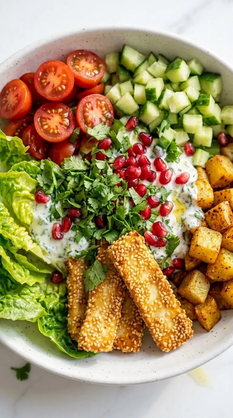 Halloumi in Sesamkruste Bowl aus der Froschperspektive — Reichhaltige Schüssel mit knusprigem Käse