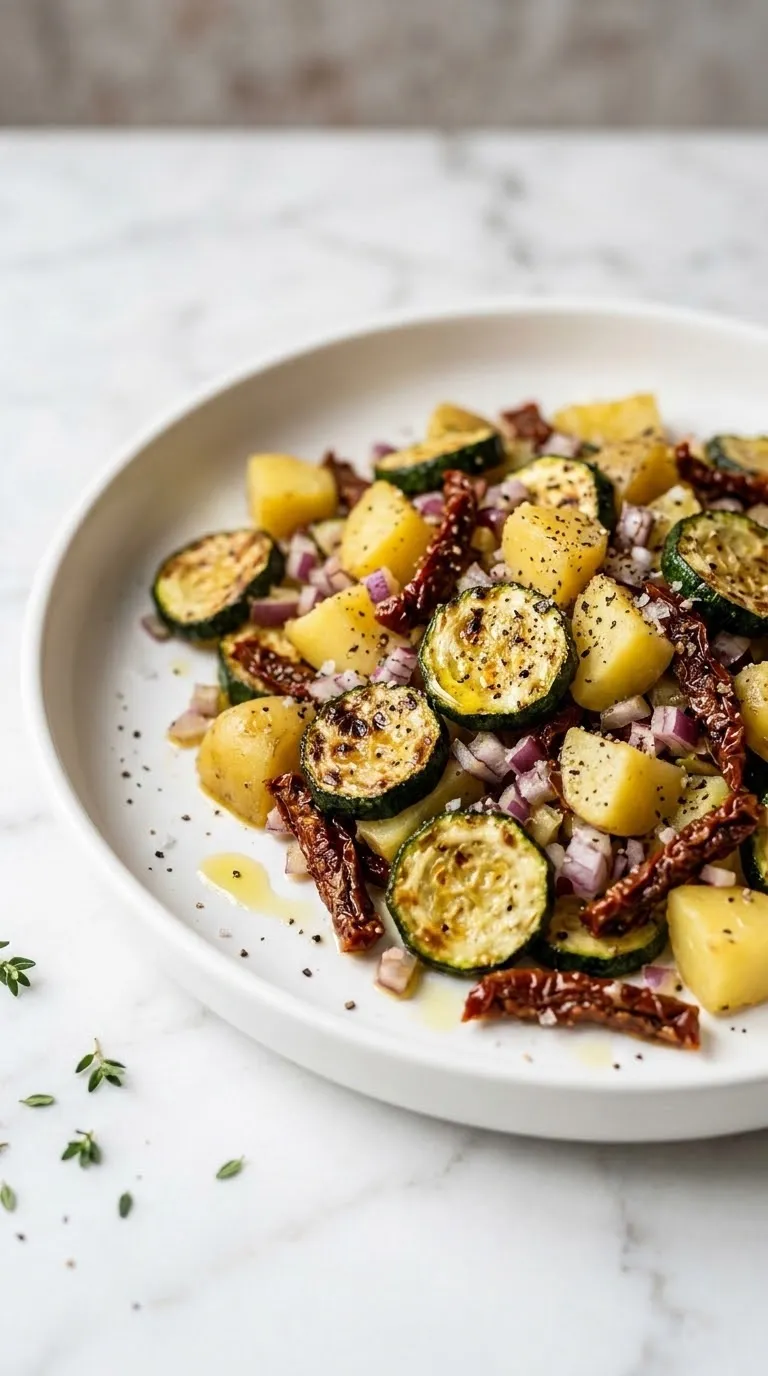 warmer Zucchini-Kartoffelsalat aus der Froschperspektive — voluminöser Gemüsesalat mit reichlich gerösteten Zucchini.