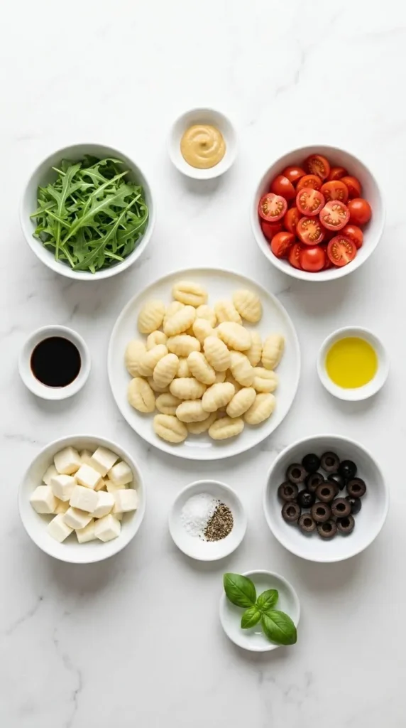 Zutaten für Gnocchisalat mit Rucola: Gnocchi, frischer Rucola, Kirschtomaten und weißer Büffelmozzarella.