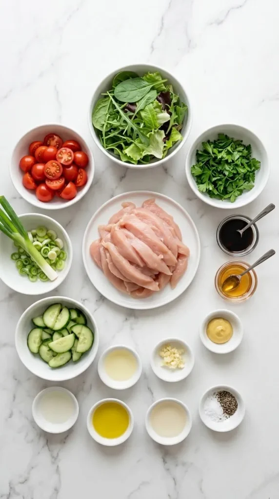 Zutaten für Salat mit Hähnchenbrust: rohe Hähnchenbrust, gemischter Blattsalat, Kirschtomaten und Gurke.