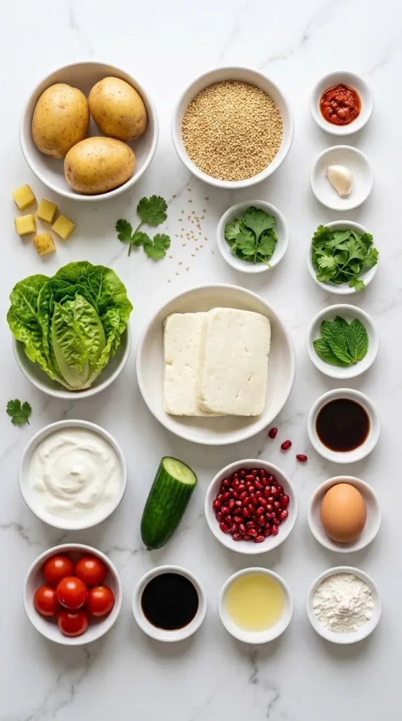 Zutaten für Halloumi in Sesamkruste Bowl: Halloumi, Sesam und frischer Salat