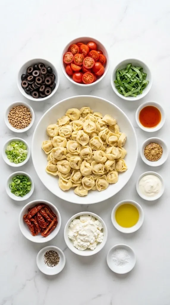 Zutaten für Tortellini-Salat mit Ricotta: Tortellini, frische Cherrytomaten, schwarze Oliven und weißer Ricotta.