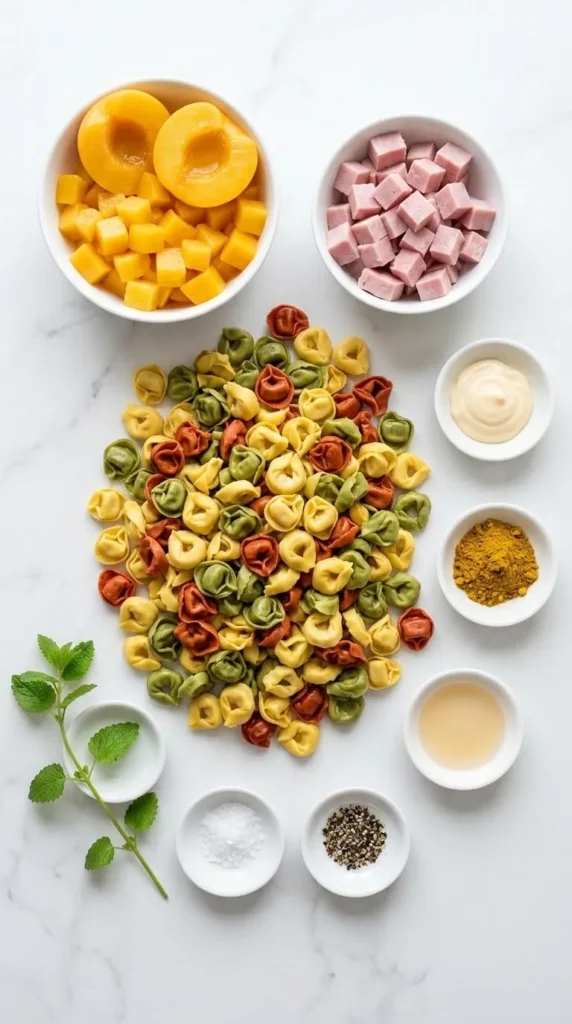 Zutaten für Tortellini-Salat mit Curry: bunte Tortellini, gewürfelte Pfirsiche, gekochter Schinken und Currypulver.