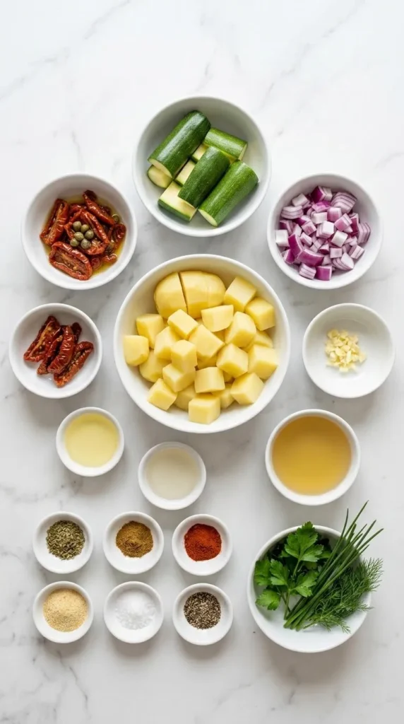Zutaten für warmer Zucchini-Kartoffelsalat: rohe Kartoffeln, frische Zucchini, Zwiebeln und getrocknete Tomaten.
