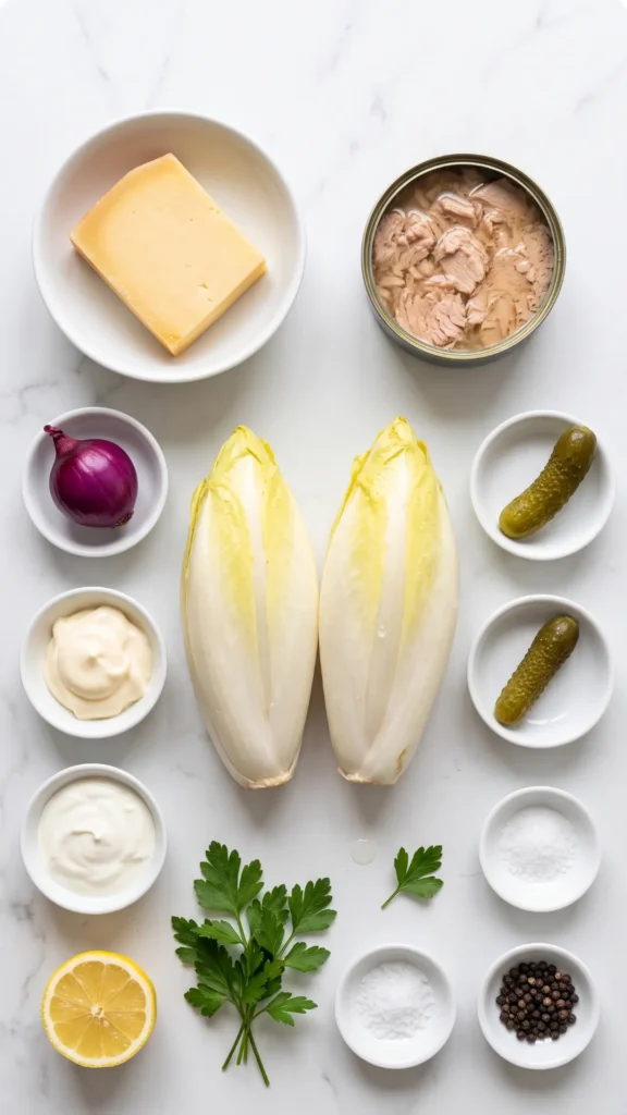 Zutaten für Chicoreesalat mit Thunfisch und Käse: frischer Chicorée, Gouda, Thunfisch und cremige Mayonnaise