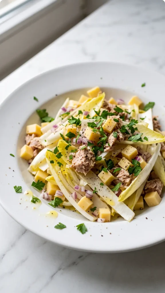 Nahaufnahme von Chicoreesalat mit Thunfisch und Käse — cremige Mayonnaisen-Soße auf herzhaften Käsestücken