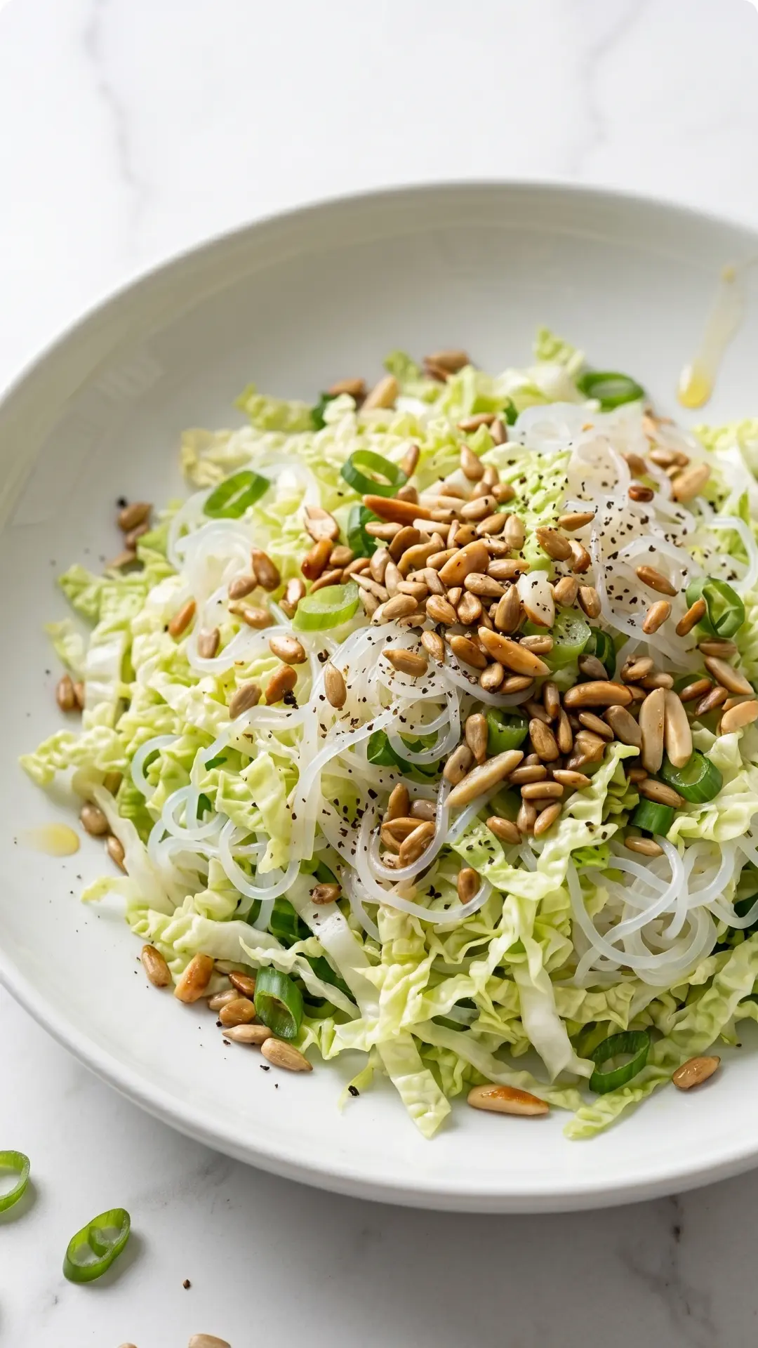 Chinakohlsalat mit Sonnenblumenkernen serviert mit Low-Carb Cracker — servierfertiger, leichter asiatischer Salat