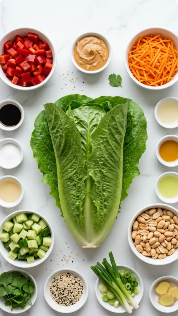 Zutaten für Erdnuss-Knusper-Salat: frischer Romaine-Salat, ungesalzene Erdnüsse, rote Paprika und cremige Erdnussbutter