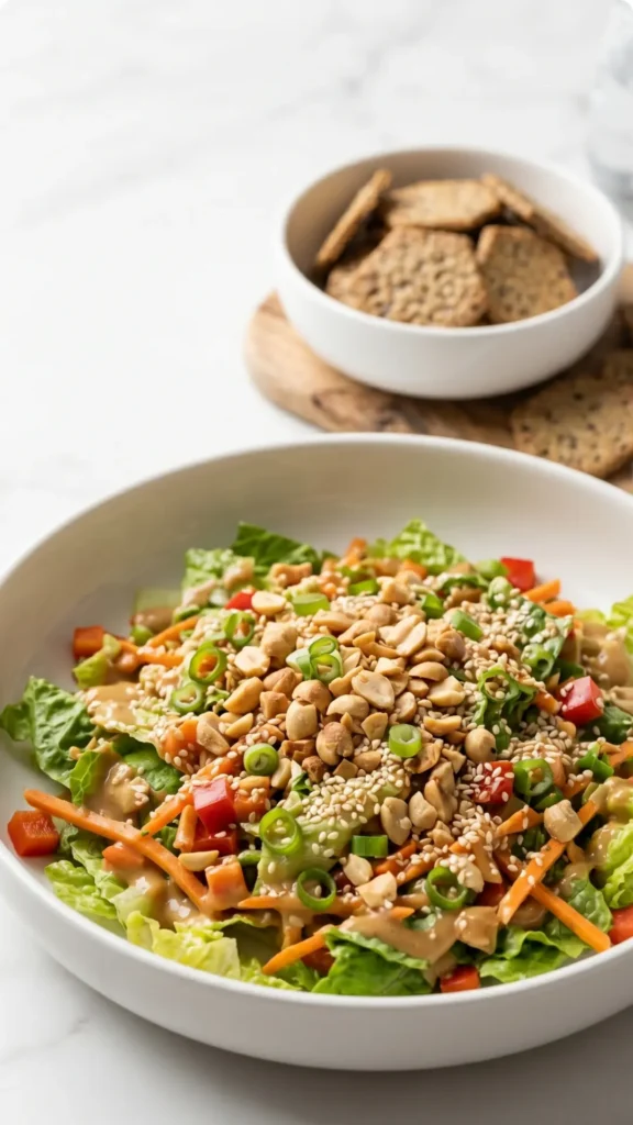 Erdnuss-Knusper-Salat serviert mit Low-Carb Cracker — servierfertiger, knackiger asiatischer Low-Carb Snack