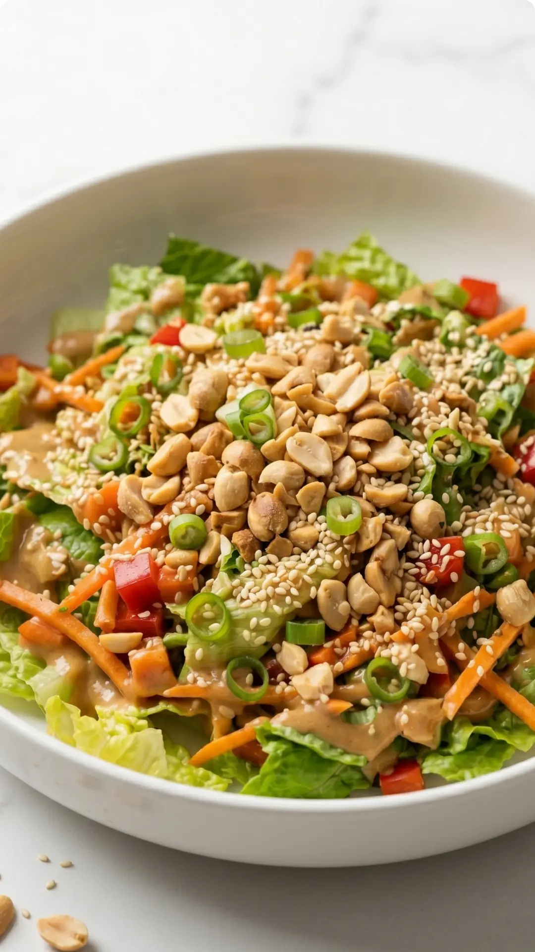 Erdnuss-Knusper-Salat kohlenhydratarm — knackiger asiatischer Low-Carb Salat mit nussigem Dressing in weißer Schale