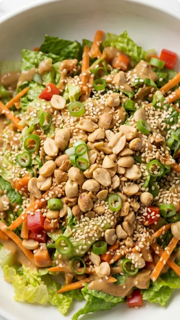 Nahaufnahme von Erdnuss-Knusper-Salat — samtig-cremiges Erdnussbutter-Dressing auf knackigen Erdnussstücken
