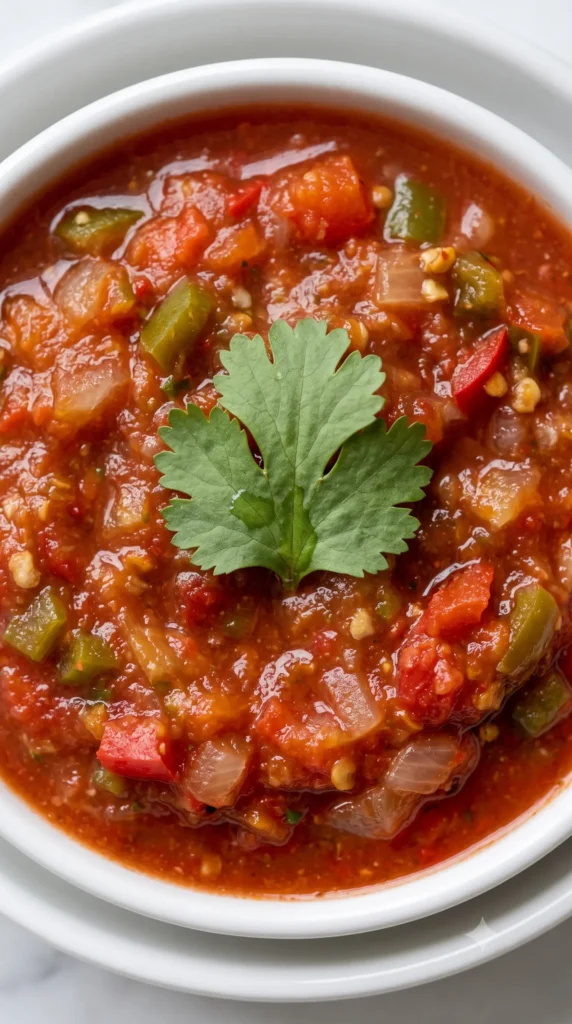 Nahaufnahme von mexikanische Salsa — Stückige Textur der eingekochten Tomatensauce mit Chilis
