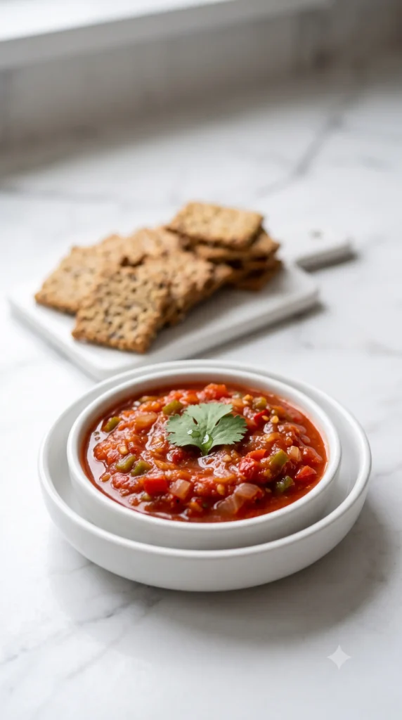mexikanische Salsa serviert mit Low-Carb Cracker — Pikantes Dip-Szenario auf weißem Marmor