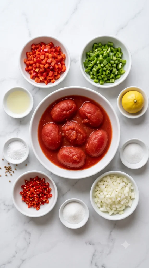 Zutaten für Salsa: Geschälte Tomaten, rote und grüne Paprikaschoten und frische Chilis
