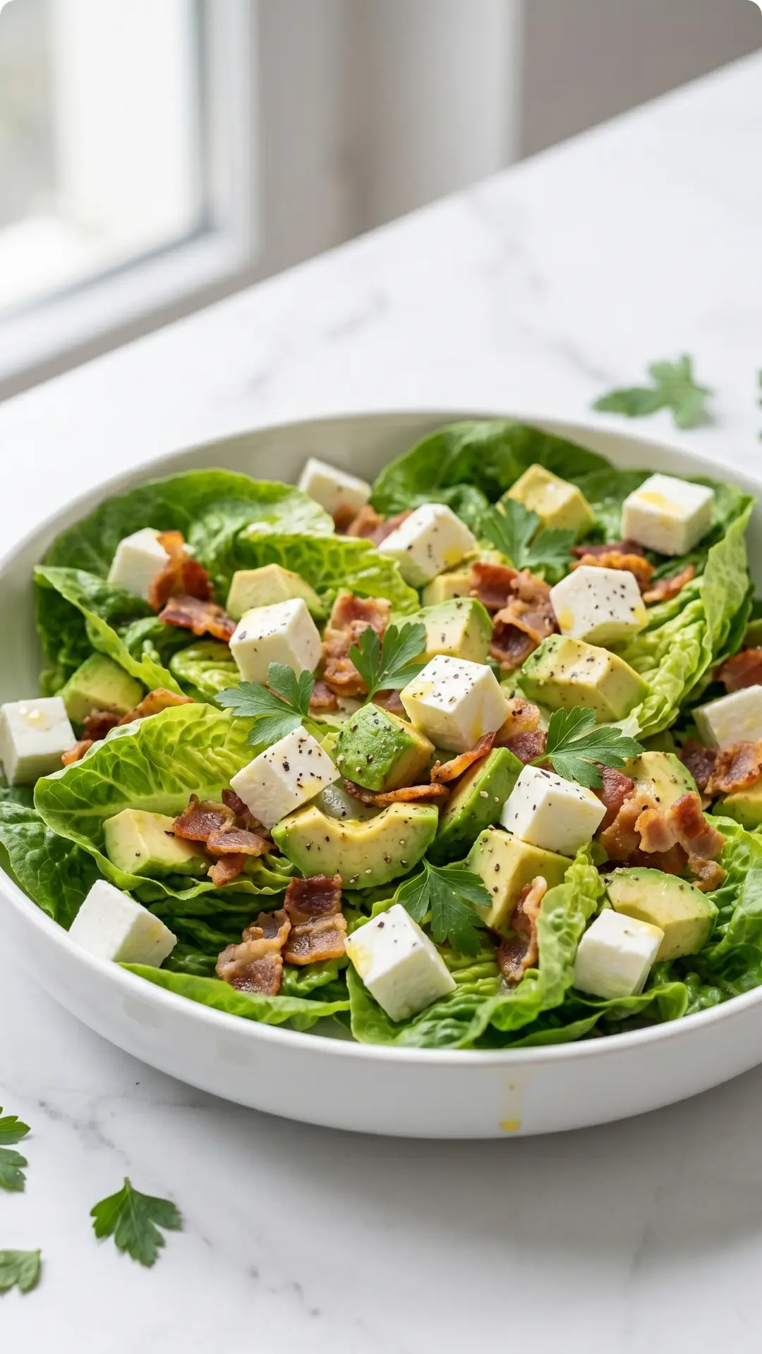 Keto Avocado-Speck-Salat kohlenhydratarm — Knackiger grüner Römersalat mit cremigen Avocadowürfeln und krossem Speck