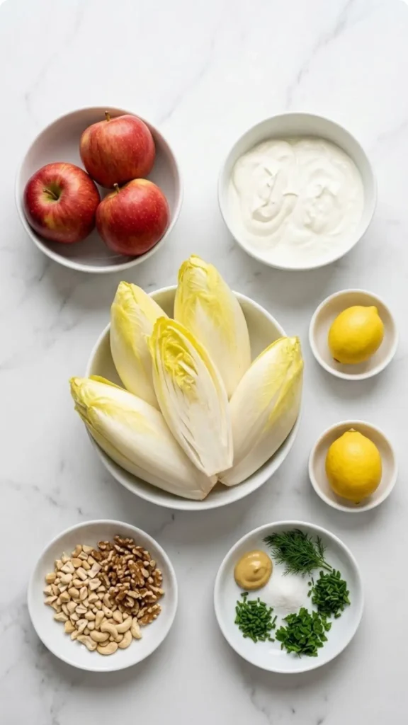 Zutaten für Chicoreesalat mit Äpfeln: frischer Chicorée, rotbackige Äpfel, Sauerrahm, Joghurt und knackige Nüsse