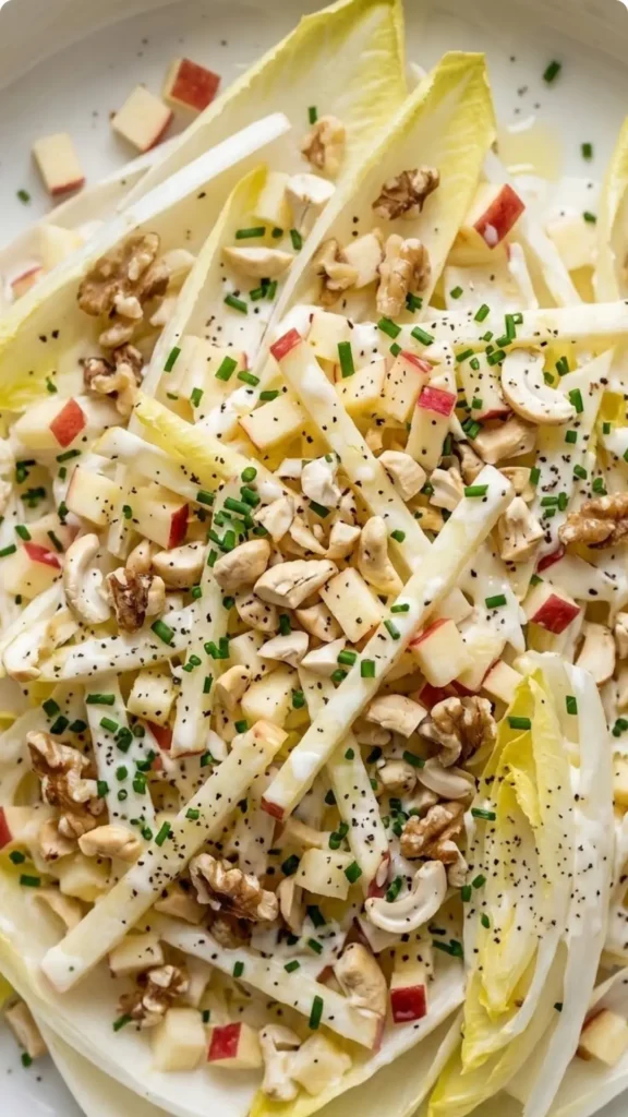 Nahaufnahme von Chicoreesalat mit Äpfeln — samtig feine Joghurt-Sauerrahm-Soße auf fein geschnittenen Nüssen