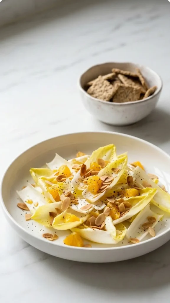 Chicoreesalat mit Orangen serviert mit Low-Carb Cracker — servierfertiger, leichter Low-Carb Beilagensalat