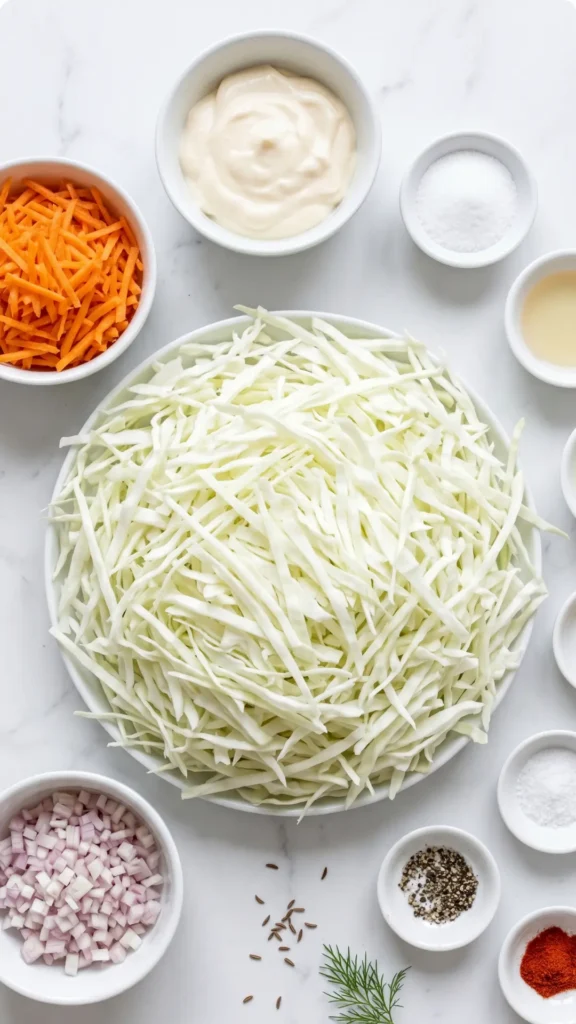 Zutaten für Keto Krautsalat: frischer Weißkohl, geraspelte Karotte, Schalottenwürfel und cremige Mayonnaise