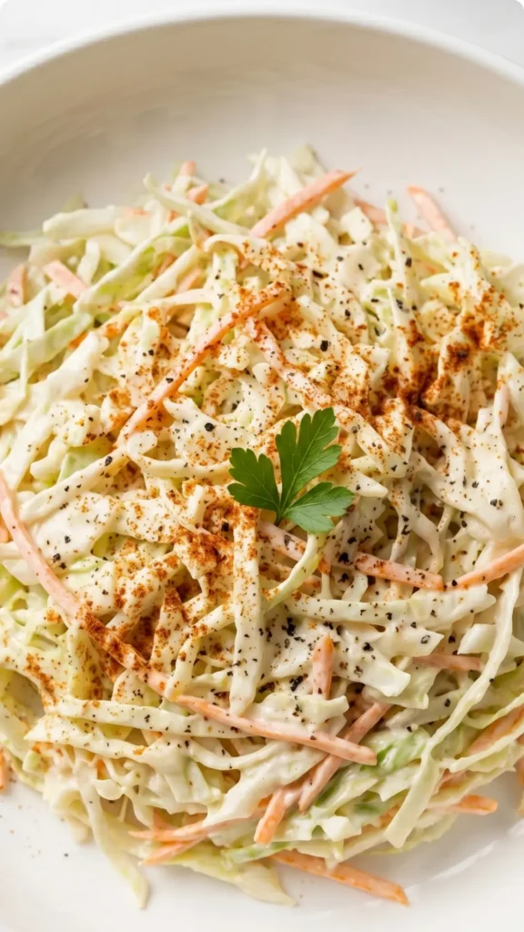 Nahaufnahme von Keto Krautsalat — samtig-cremiges Sahne-Mayonnaise-Dressing auf zartem Weißkohl