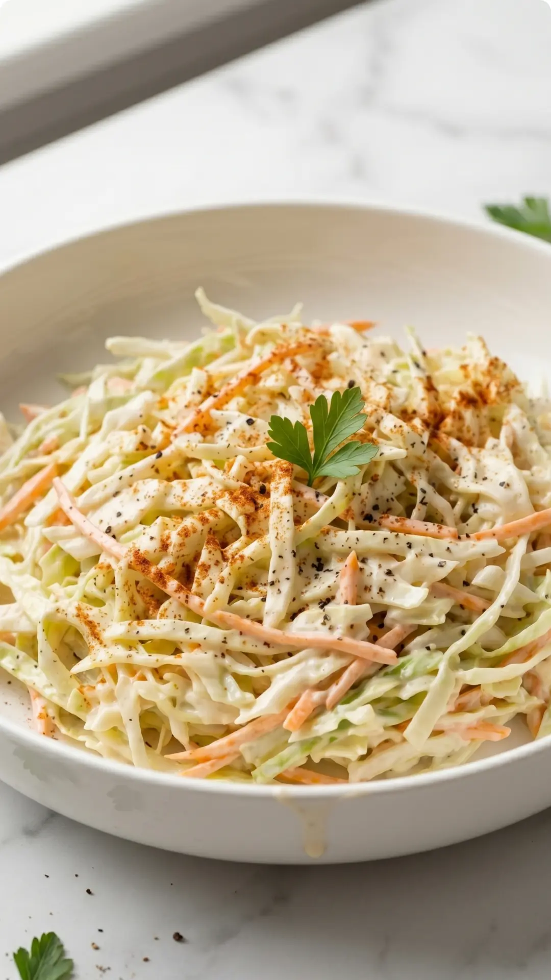 Keto Krautsalat kohlenhydratarm — cremig-knackiger amerikanischer Krautsalat in weißer Schale