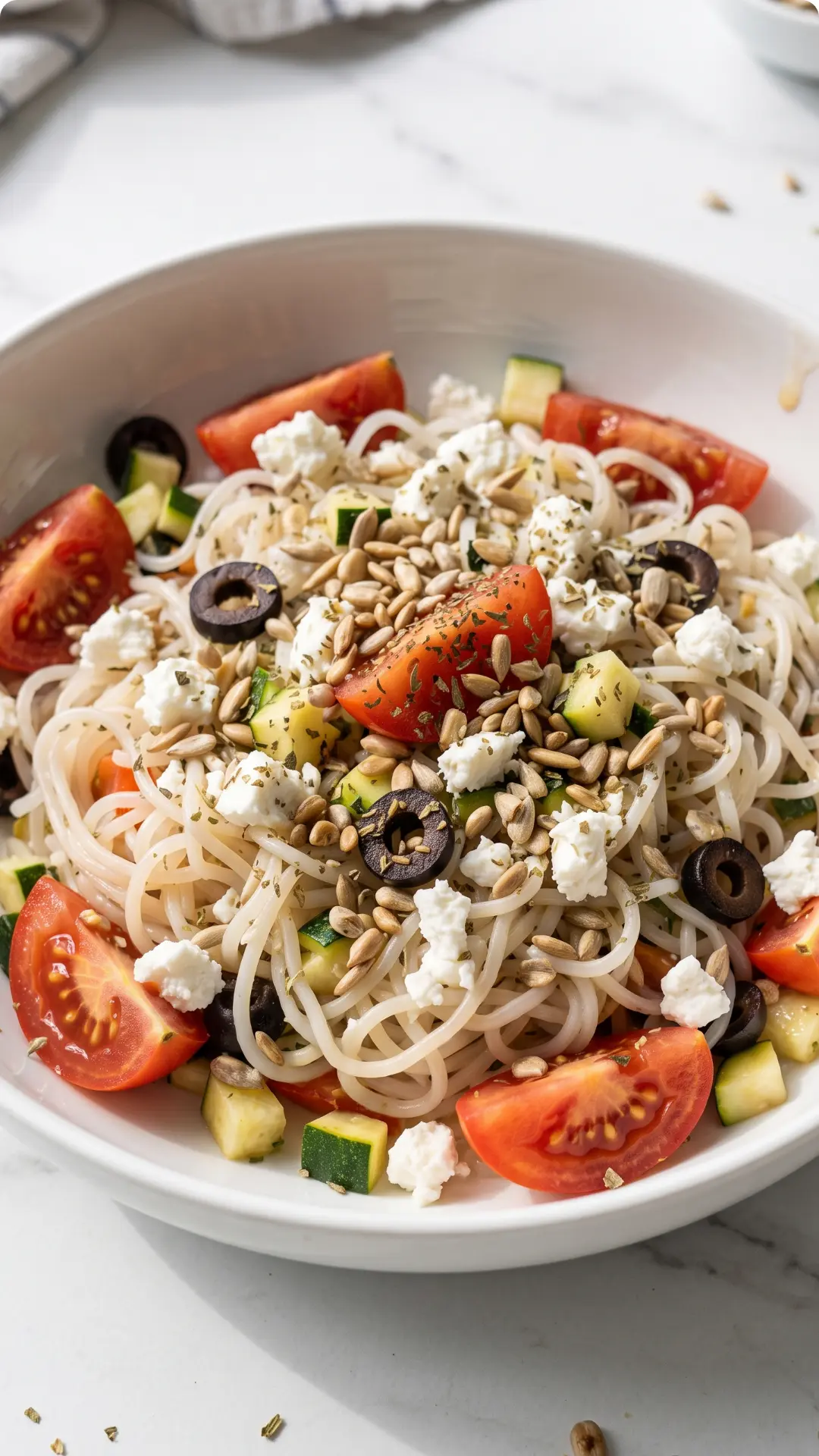 Keto-Krautsalat im mediterranen Stil kohlenhydratarm — bunter Low-Carb Nudelsalat mit Feta in einer weißen Schale
