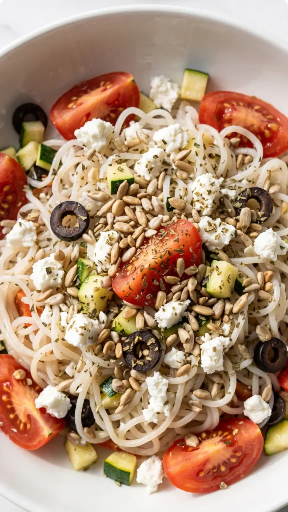 Nahaufnahme von Keto-Krautsalat im mediterranen Stil — leichtes Essig-Öl-Kräuterdressing auf würzigem Feta-Käse