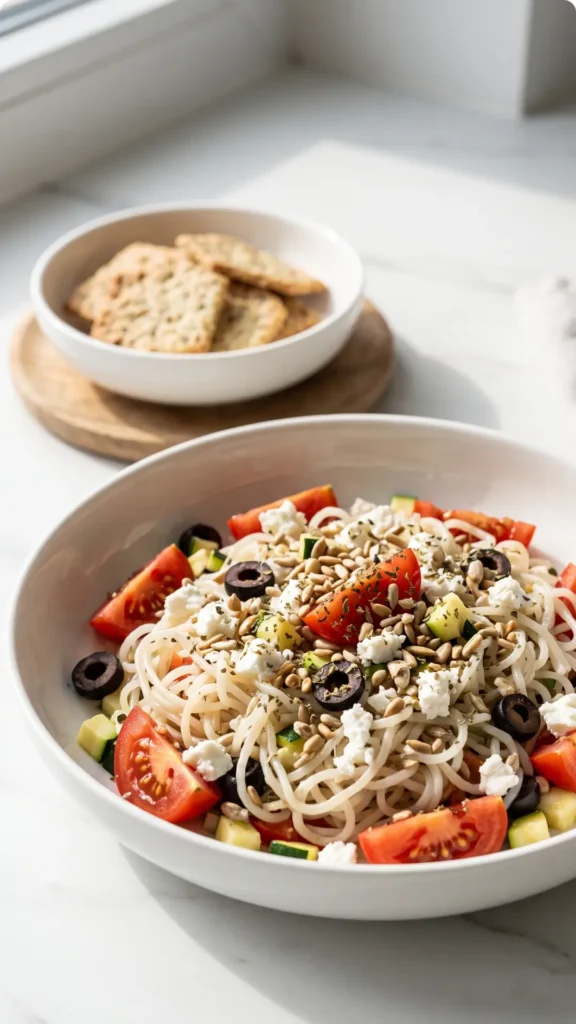 Keto-Krautsalat im mediterranen Stil serviert mit Low-Carb Cracker — ein servierfertiger, leichter Low-Carb Salat