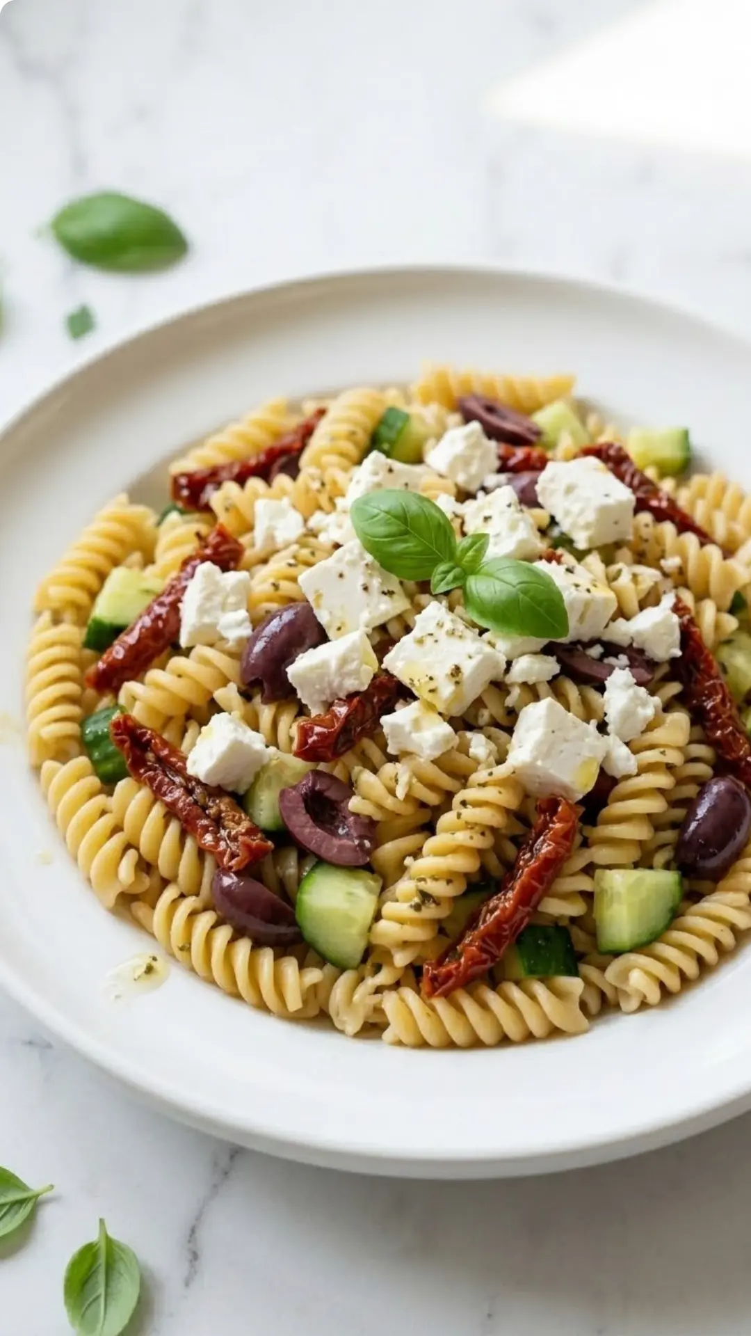 Keto mediterraner Nudelsalat kohlenhydratarm — Bunte Low-Carb Pasta mit getrockneten Tomaten, Feta-Käse und Oliven