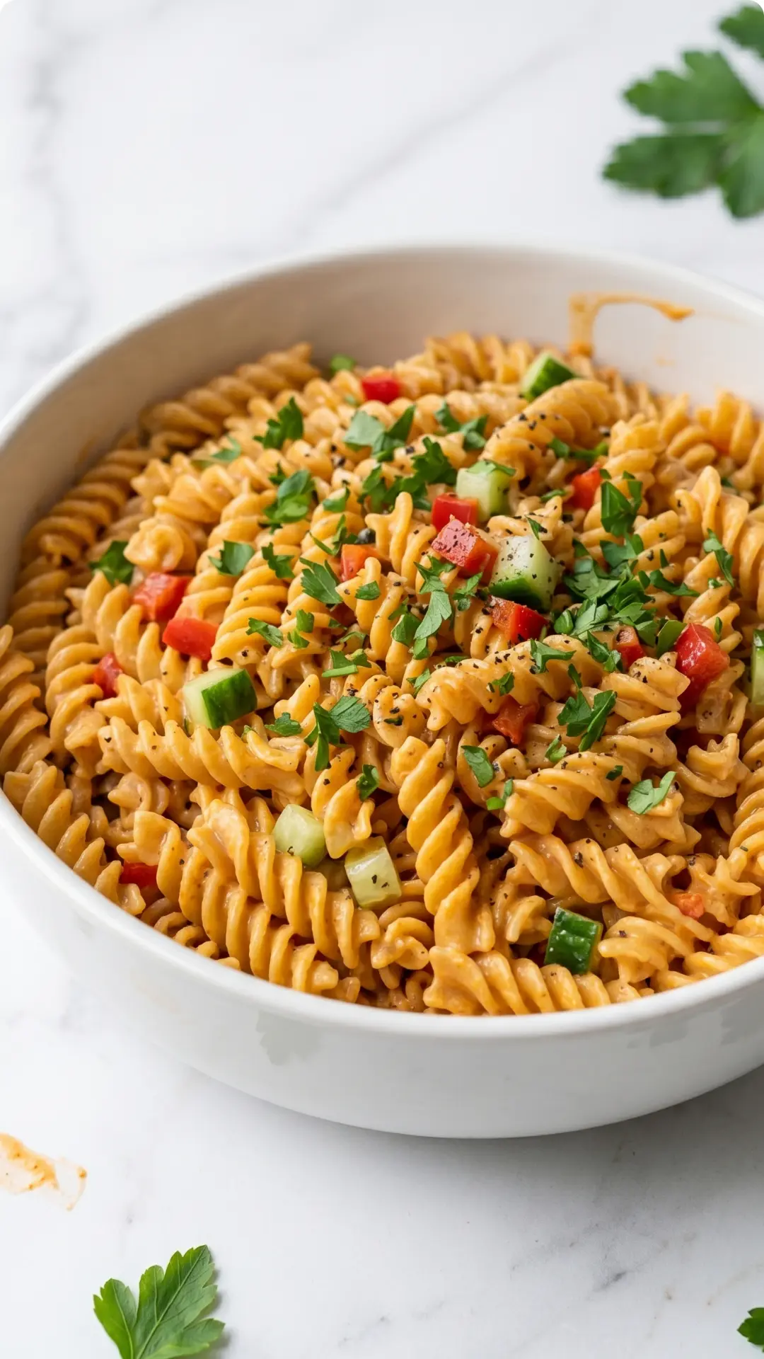 Keto Nudelsalat auf türkische Art kohlenhydratarm — Cremig angerichtete Low-Carb Pasta mit Ajvar-Dressing und frischen Kräutern