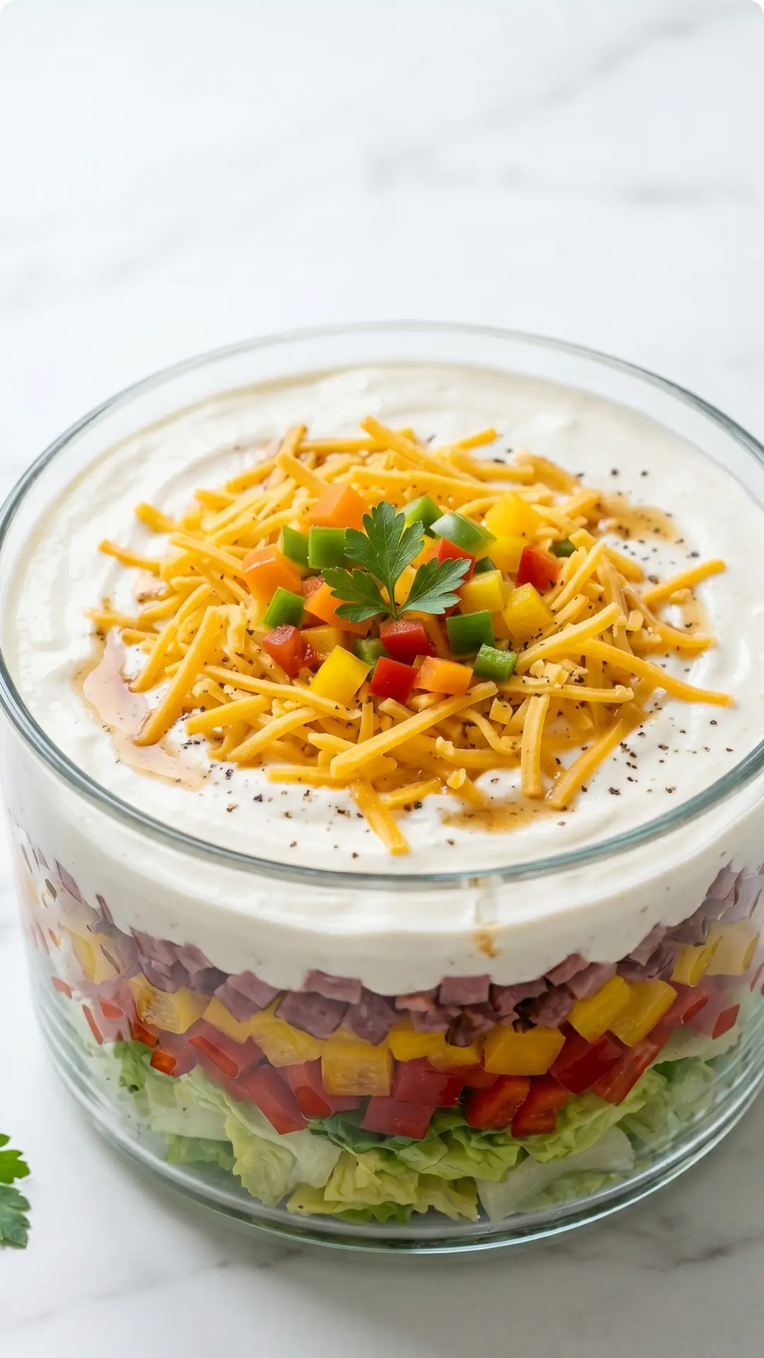 Frischer Keto Über-Nacht-Salat kohlenhydratarm — Bunt geschichteter Low-Carb-Salat mit cremigem Dressing in einer Glasschüssel