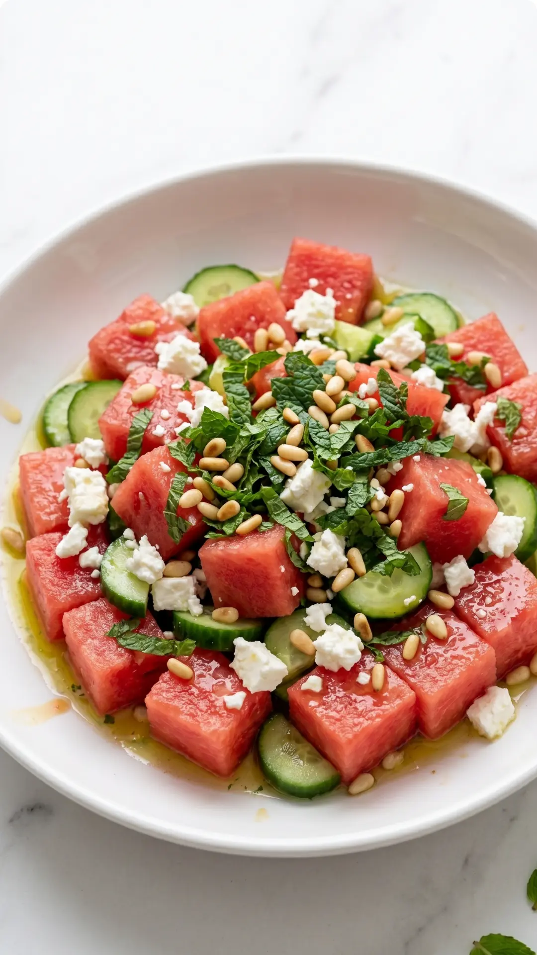 Keto Wassermelonen-Feta-Salat mit Minze kohlenhydratarm — Erfrischende rote Melonenwürfel mit Feta und Pinienkernen serviert