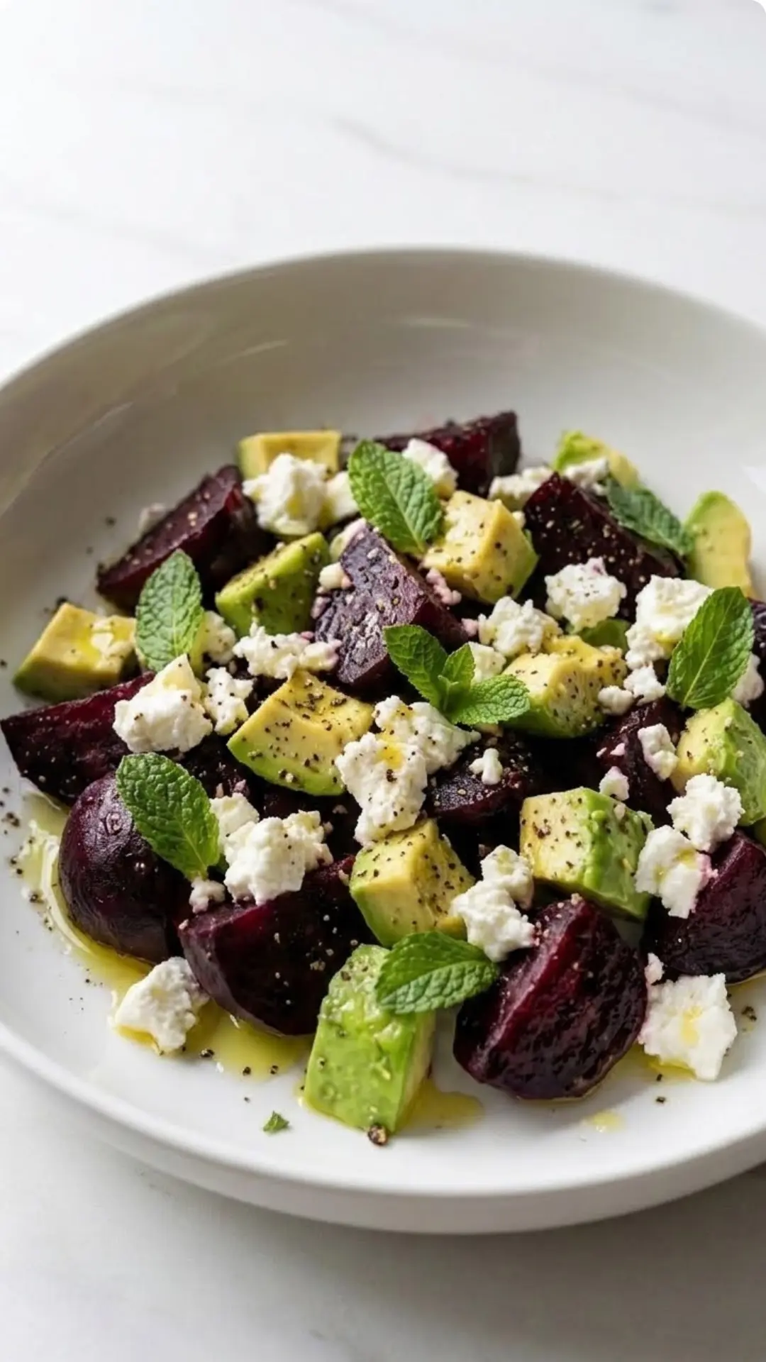 Rote-Bete-Avocado-Salat mit Feta kohlenhydratarm — farbenfroher mediterraner Keto-Salat in weißer Schale