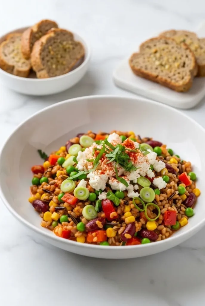 Reissalat Mexico serviert mit Low-Carb-Knoblauchbrot — Festliche Grillsalat-Präsentation auf weißem Untergrund