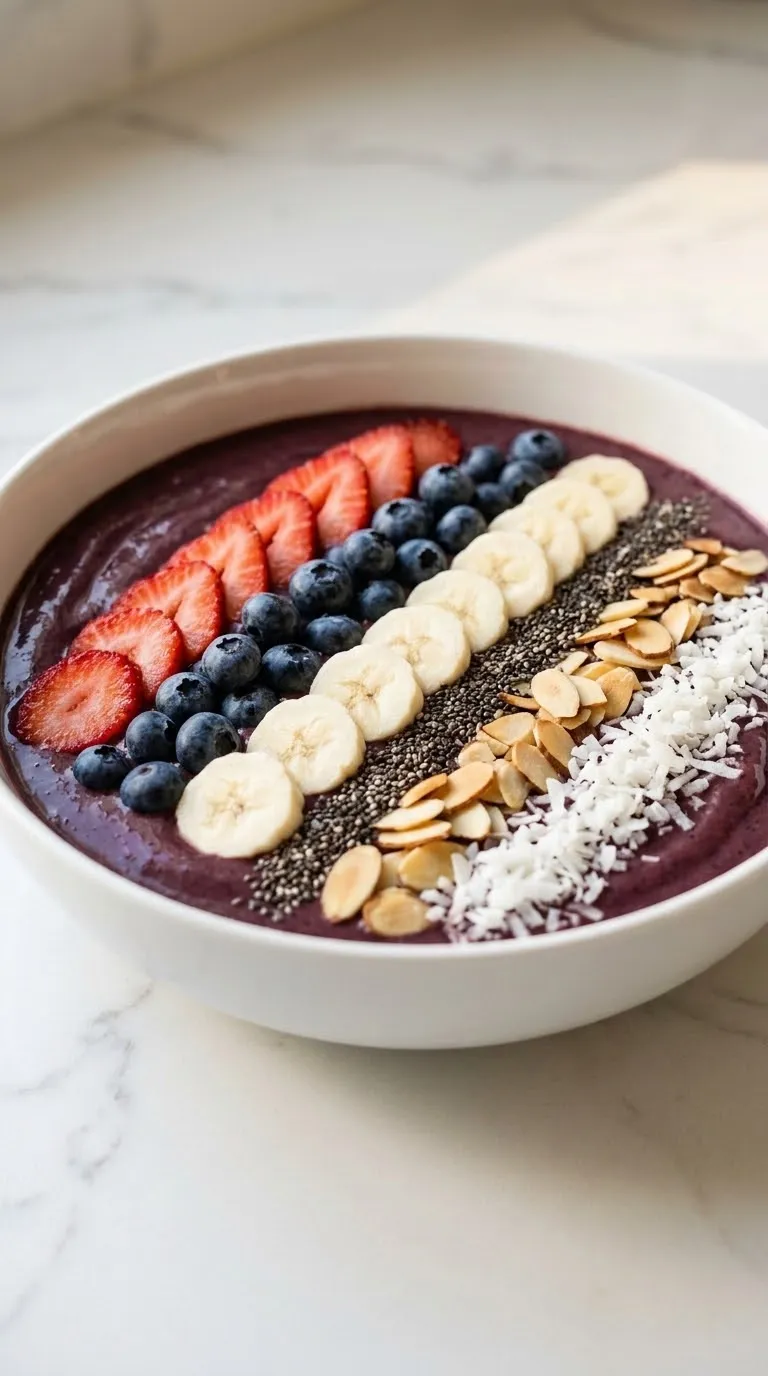 Easy Acai Smoothie Bowl aus der Froschperspektive — Voluminöse Frühstücksschüssel mit eiscremeartiger Struktur
