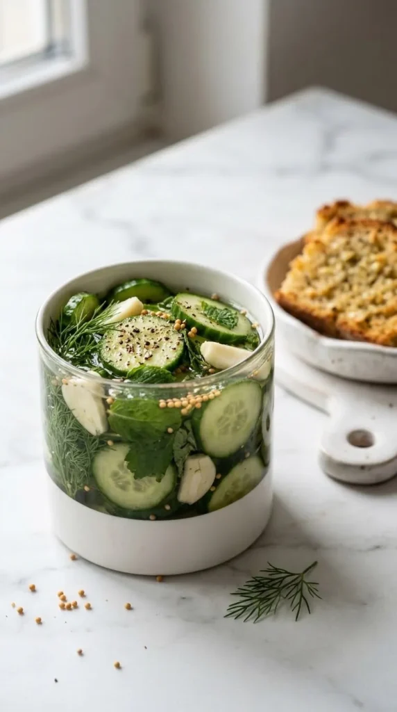 Gurken einlegen ohne Kochen serviert mit Keto-Knoblauchbrot — Knackige Essiggurken neben einer Scheibe knusprigem Low-Carb Brot.