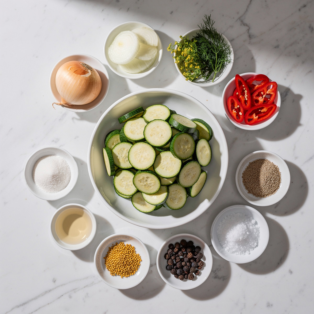 Zutaten für Eingelegte Zucchini: Zucchini, Zwiebeln, Dill, Senfkörner und Gewürze