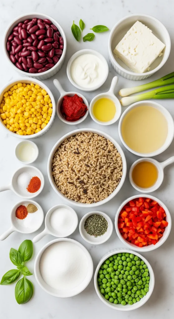 Zutaten für Reissalat Mexico: Wildreis, Kidneybohnen, Feta-Käse und buntes Gemüse
