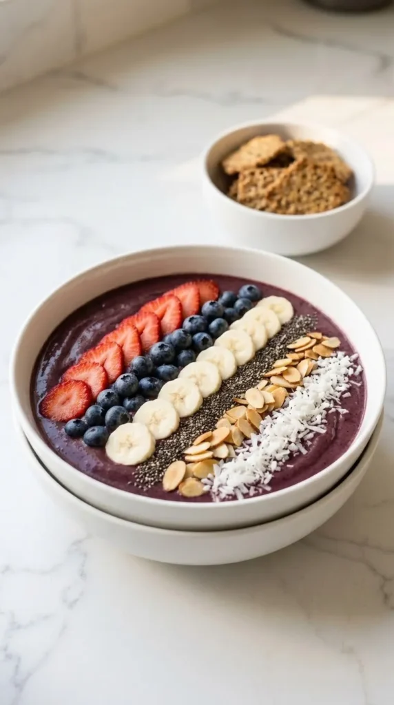 Easy Acai Smoothie Bowl serviert mit Low-Carb Cracker — Vitalisierendes Frühstücksszenario auf feinem weißem Untergrund