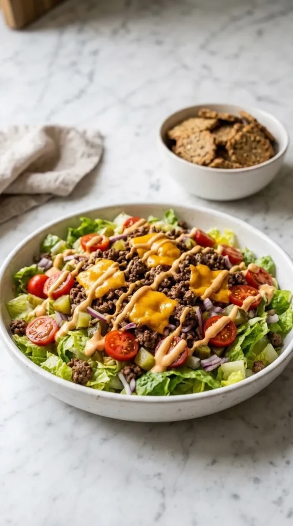 Cheeseburger Salat serviert mit Low-Carb Cracker — Nährstoffreiches Low-Carb Abendessen stilvoll auf Marmor angerichtet