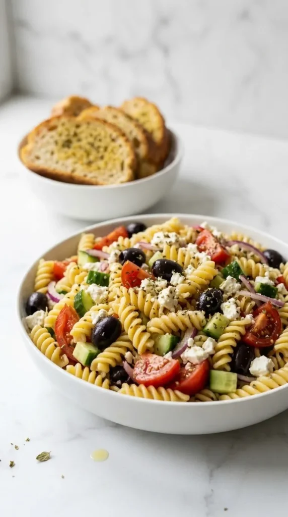 Griechischer Nudelsalat serviert mit Keto-Knoblauchbrot — Erfrischender Nudelsalat neben einer knusprigen Low-Carb Knoblauchbrotscheibe.