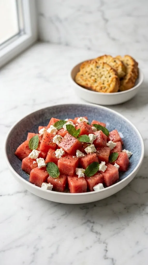 Wassermelonen-Feta-Salat serviert mit Keto-Knoblauchbrot — Fruchtiger Sommersalat neben einer Scheibe röstfrischem Low-Carb Brot.
