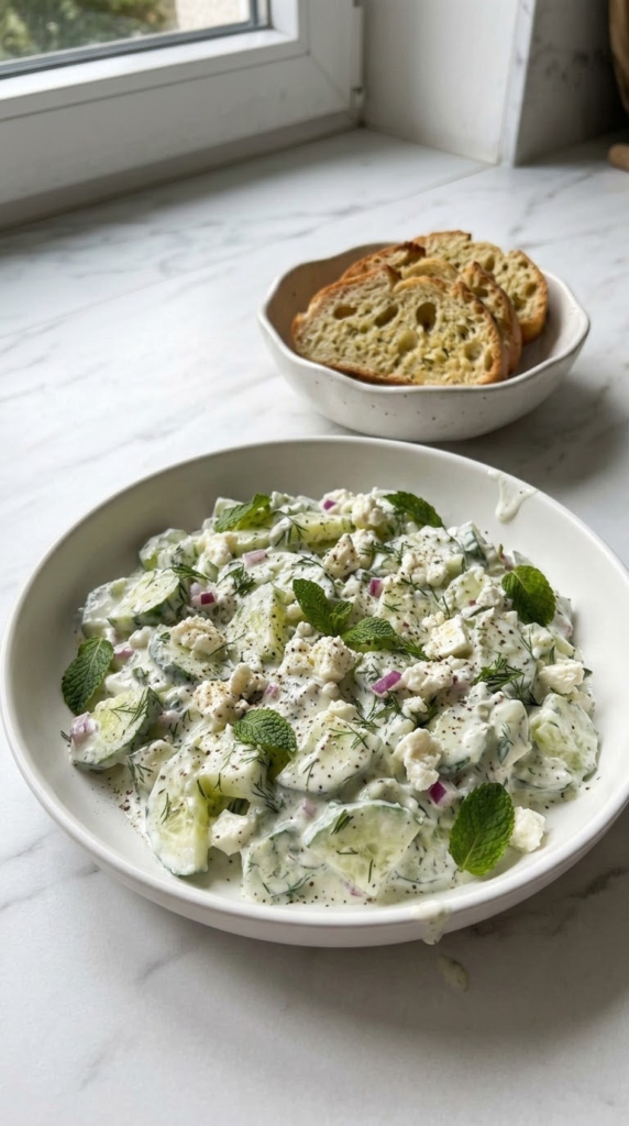 Gurken-Joghurt-Feta-Salat serviert mit Keto-Knoblauchbrot — Erfrischender Joghurt-Gurkensalat neben einer röstfrischen Scheibe Brot.