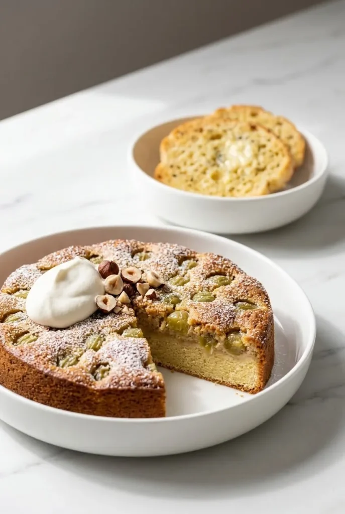 Stachelbeerkuchen serviert mit Low-Carb-Knoblauchbrot — Festliche Kaffeetafel-Szene auf hellem Untergrund