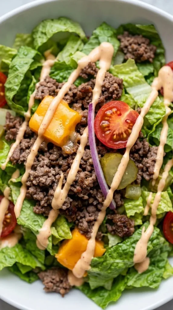 Nahaufnahme von Cheeseburger Salat — Detailansicht von krümelig gebratenem Rinderhackfleisch mit Burgersauce und Gurken